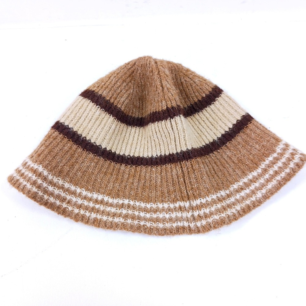 UGG Knit Bucket Hat Brown Tan Striped Wool Blend Ribbed Bell Hat Large XL